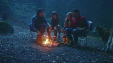 Karanlık ailede sonbaharda bir kamp ateşinin etrafında otururlar. Ormanda ateşte marşmelov kızartıyorum. Sohbet şenlik ateşi turizm dostluk gecesi. Yavaş çekim