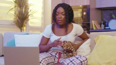 Ciddi yüz stili afro-amerikalı kadın kedi sohbeti yapan iletişim bilgisayarı kullanan. Evde video var. Mesafe ilişkisi. Yavaş çekim