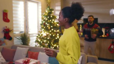 Çok ırklı arkadaşların Noel partisinde ellerinde yanan maytaplarla şarap içerek ve evde kameraya gülümserek gülümsedikleri bir portre. Geleneksel tatil. Kutlama. Mutlu noeller. Kış zamanı. Yavaş çekim