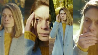 Hasta, güzel ve genç bir kadın kameraya baktığında midesi bulanıyor. Çoklu ekran grup fotoğrafı. Kolaj bölünmüş ekran. Yavaş çekim