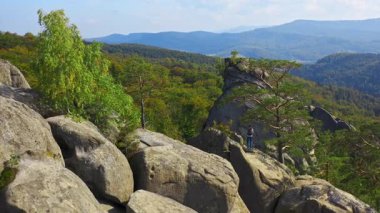 Güzel yürüyüş parkuru. Uçurumlardaki muhteşem kayalar ve yeşil yaz vahşi orman doğası. Genç gezgin yürüyüşçü tek başına dağ manzarasını keşfediyor..