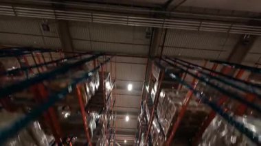 Modern lojistik merkezde FPV uçuşu. Karton kutularla rafların arasında uçmak. Perakende deposu. Ürün dağıtım konsepti.