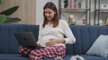 Hamile, genç, meşgul, serbest çalışan, uzak bir işte çalışan, dizüstü bilgisayar kullanan ve evde kalan bir kadın. Çalışan anne. Teknoloji. İç kısımlar.