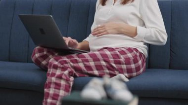 Genç hamile kadın evde çalışırken dizüstü bilgisayar kullanıyor. Ön planda sevimli bebek ayakkabıları. Hamilelik ve iş. İstihdam.