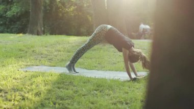 Park 'ta yoga yapan sevimli genç bir bayanın görüntüsü. Genç kız iyi görünüyor. Basit Asana. Daha az stresli bir hayat. Disiplinli kız..