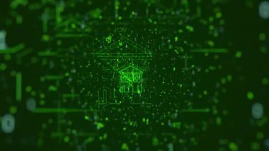 Dijital arkaplan: Otomasyon kontrollü yeşil arka planda Akıllı Ev. Akıllı ev aletleri, internet, yapay zeka. Yeşil arka planda Smarthome ev otomasyon uzaktan kumanda tabelası.