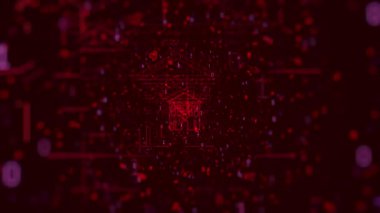 Dijital arkaplan: Otomasyon kontrollü kırmızı arka planda Akıllı Ev. Akıllı ev aletleri, internet, yapay zeka. Kırmızı arkaplanda Smarthome ev otomasyon uzaktan kumanda tabelası.