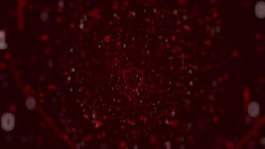 Dijital arkaplan: Kırmızı zemin üzerinde kalkan simgesi olan siber güvenlik. Siber geçmişinde güvenlik kavramı. Kırmızı arkaplanda güvenlik siber ağı.