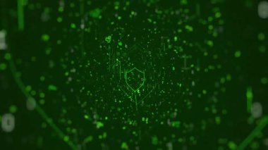 Dijital arkaplan: yeşil arka planda kalkan simgesi olan siber güvenlik. Siber geçmişinde güvenlik kavramı. Yeşil arkaplanda güvenlik siber ağı.
