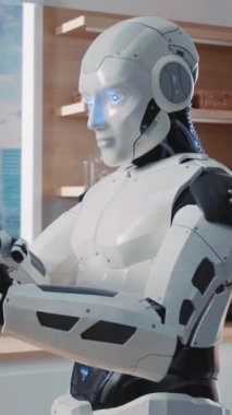 Entellektüel ve zarif bir insansı robot, fütürist bir şehrin canlı manzarası arasında pürüzsüz bir şekilde etkileşime girer.