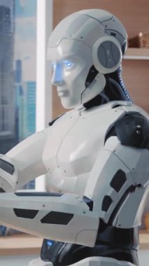 Şık ve modern bir robot, çağdaş ve şık bir yaşam alanı içinde ileri teknolojiler sergiliyor.