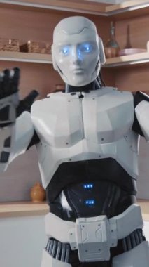 Modern bir mutfakta ileri teknoloji ve yeniliği sembolize eden parlak bir robot..