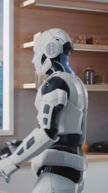 Çağdaş bir mutfak ortamında göze çarpan mavi parlayan gözleri olan zarif bir insansı robot duruyor.