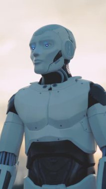 Fütürist bir insansı robot, çarpıcı manzaralı bir zemin karşısında parlak mavi gözleriyle dimdik ayakta duruyor.