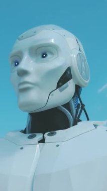 Gelişmiş teknoloji ve karmaşık tasarım elementleri içeren gelecekçi bir robotun kafasının detaylı bir görüntüsü