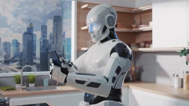 Evdeki rahat modern mutfakta akıllı telefon kullanan beyaz akıllı büyük robot. Gelecekteki yaşam tarzı konsepti. Şehir penceresi. Çağdaş. Gündüz vakti. İçeride. Teknoloji. Yapay Zeka