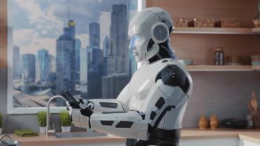 Ellerinde cep telefonu olan, ekrana dokunan, mesaj atan, etrafa bakınan inanılmaz zeki beyaz adam. Gökdelenleri olan güzel şehir manzaralı bir pencere. Gelecekteki hayat konsepti. Mutfağa. Daire. Kapalı