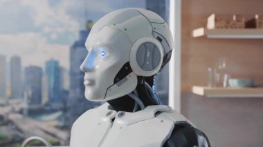 Beyaz, zeki, insan benzeri robotun kafasının kamera karşısına geçtiği yakın çekim görüntüleri. Sayborg iğnesi. Akıllı makinenin portresi. Ev, daire. Arka planda şehir manzarası. Kapalı