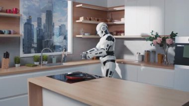 Akıllı robot asistan fırına esrar koyuyor, rahat modern mutfakta programdan programa pişiriyor. Teknoloji. Beyaz insan benzeri robotun görüntüsü. Gündüz, fütüristik, yaşam tarzı. Ev yardımcısı