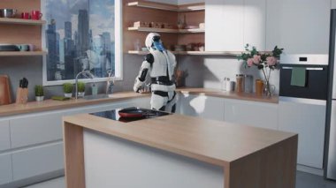 Esrar alan ve ocağı yakan zeki büyük beyaz robotun görüntüsü. Mutfak teknolojisi. Akıllı makine. Yenilik. Evde robot asistanı var. Gün, kapalı yerde. Modern iç mekan. Şehir planlamacılarıyla görüş. Yapay Zeka