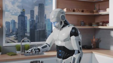 Akıllı sayborg. Mutfakta yemek pişirirken esrar kapağını kaldıran robot asistanın görüntüsü. Akıllı beyaz robot doğrudan kameraya bakıyor. Evde bir yardımcı. Gelecekteki hayat konsepti. İçeride. Gündüz