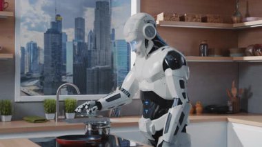 Robot asistan yemek pişirirken esrar kapağını kaldırıyor. Beyaz akıllı makinenin görüntüsü. Yapay Zeka. Gelecekteki yaşam tarzı. Fikir, otomasyon, yardımcı. İçeride. Arka planda şehir manzarası. Mutfak, günaydın.