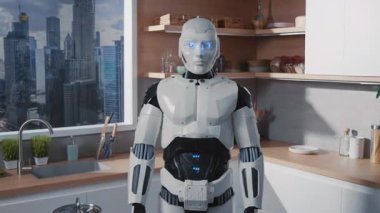 Mutfakta masanın yanında duran fütürist beyaz robot. El hareketini bilmiyorum. Robot asistan kameraya çaresiz bir hareket gösteriyor. Yazılım hatası. Gündüz vakti. Modern teknoloji. Kapalı