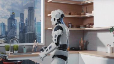 Modern mutfakta yemek pişirirken arkadaş canlısı görünüşlü, insana benzeyen robot dans ediyor. Beyaz, mutlu, zeki sayborgun görüntüsü. Yenilikçi teknoloji. İcat. Ev, yardımcı, asistan. Tek başıma. Duygu. Program. Yazılım kontrolü. İçeride. Gündüz