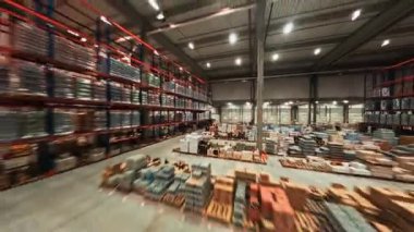 Yükselen raflar ve mavi ışıklarla dolu büyük bir depoyu keşfedin. Kamera dinamik koridorlarda yol alırken tanık lojistiği işliyor