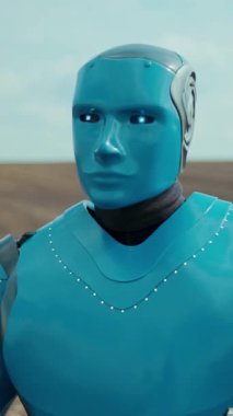 Çarpıcı bir mavi robot, fütüristik tasarım ve teknoloji içeren geniş bir çöl zeminine karşı duruyor..