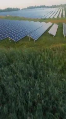 Bu video, güneş panellerini yeşil bir alanda sergiliyor, sakin bir su kütlesinin güneş ışığını yansıtıyor, yenilenebilir enerji ve doğayı vurguluyor.