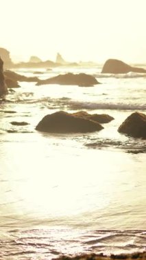 Güzel, huzurlu bir plaj sahnesi, güneşli kayalara vuran hafif dalgalar, berrak bir gökyüzünün altında