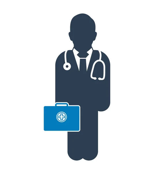 Γιατρός σε υπηρεσία εικονίδιο. Ανδρικό σύμβολο με τσάντα φάρμακο στο χέρι. — Διανυσματικό Αρχείο