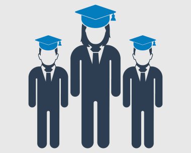 Mezun olan öğrenci ikonu. Kafasında şapkası olan erkek ve kadın sembolleri. Düz biçim vektörü EPS.