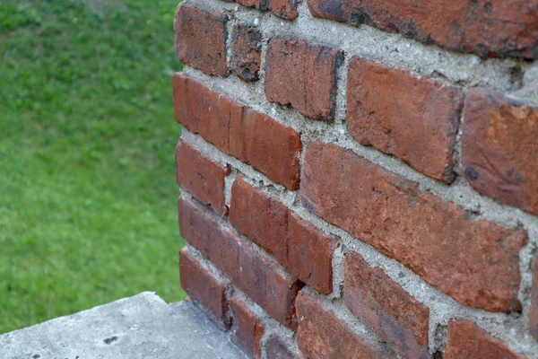 yeşil bir çim ile bir tuğla duvar köşesi