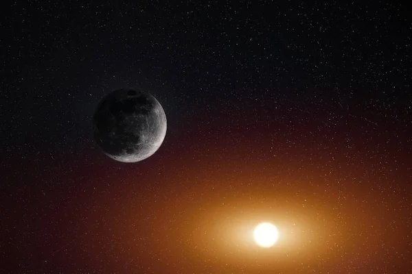 Luna e Sole sul cielo stellato — Foto Stock
