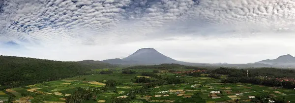 Luchtfoto van rijstvelden en dorpen, in de buurt van de berg Agung. Bali — Stockfoto