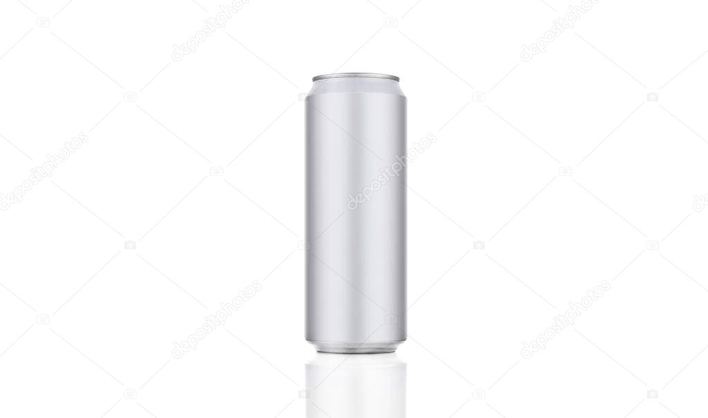 Aluminum can on white background, with reflection