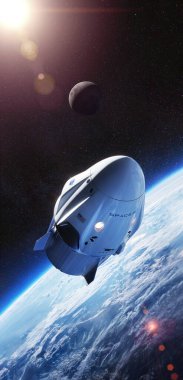 Uzaydaki SpaceX adlı özel Amerikan şirketinin mürettebat Dragon uzay aracı. Dragon, Dünya yörüngesine ve ötesine 7 kadar yolcu taşıma kapasitesine sahiptir. Bu görüntünün elementleri NASA tarafından desteklenmektedir.