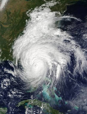 Kasırganın Gözü. Dünya Kasırgası. Dünya gezegeninde tayfun. Kategori 5 süper tayfun kıyıya yaklaşıyor. Dış uzaydan görüntü. (NASA tarafından desteklenen bu görüntünün elementleri)