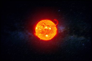 Uzayda güçlü güneş. Güneş 'in parlaklığı, güneş radyasyonu. Güneş koronası Samanyolu 'nun arka planına karşı. Bu görüntünün elementleri NASA tarafından desteklenmektedir.