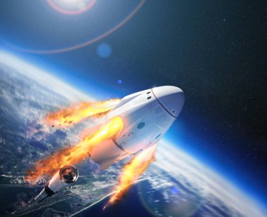 Uzaydaki SpaceX adlı özel Amerikan şirketinin mürettebat Dragon uzay aracı. Dragon, Dünya yörüngesine ve ötesine 7 kadar yolcu taşıma kapasitesine sahiptir. Bu görüntünün elementleri NASA tarafından desteklenmektedir.