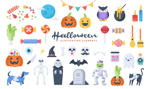 Conjunto de elementos bonitos ilustração Halloween. Estilo de design plano. Perfeito para fazer seus próprios projetos originais . — Vetor de Stock
