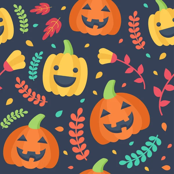 Cute Halloween naadloze patroon. Pompoenen, bladeren en bloemen drijvend op een donkere achtergrond. — Stockvector
