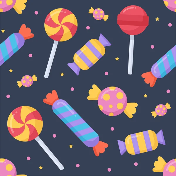 Lindo caramelo y lolipop patrón sin costuras sobre un fondo oscuro . — Vector de stock