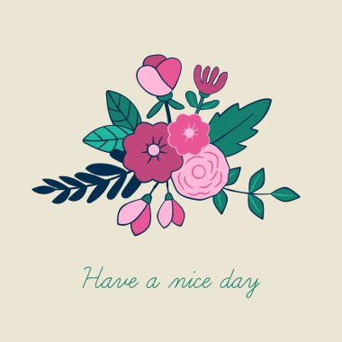 Güzel çiçek buket tebrik kartı tasarımı. Elle çizilmiş stili.