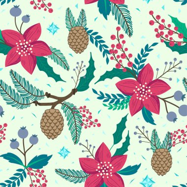 Kaprisli yinelenen desen. Noel ve kış tema. Bitkiler, kırmızı çiçekler, pinecones, çilek ve dalları. Elle çizilmiş stili.
