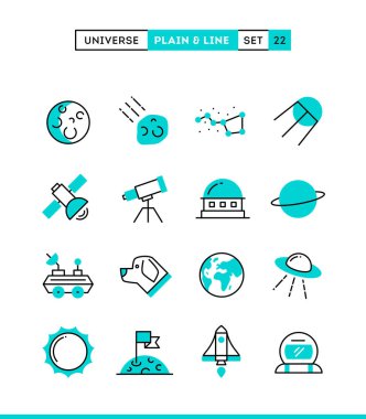 Evren, gök cisimleri, roket başlatılması, astronomi ve daha fazlası. Düz ve çizgi simgeler ayarla, tasarım, vektör çizim düz