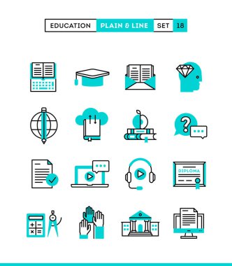 Eğitim, online kitap, uzaktan eğitim, webinar ve daha fazlası. Düz ve çizgi simgeler ayarla, tasarım, vektör çizim düz