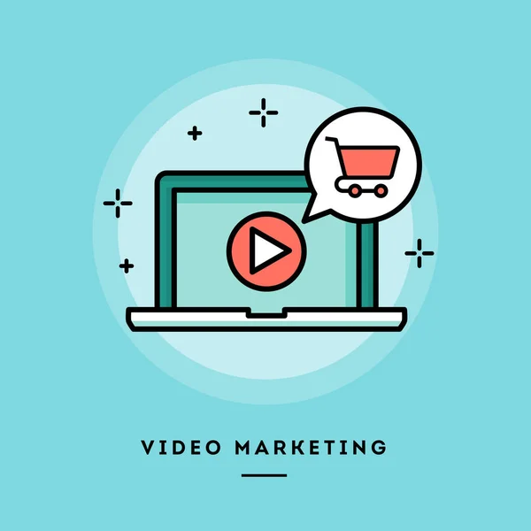 Marketing vidéo, bannière de ligne mince de conception plate — Image vectorielle